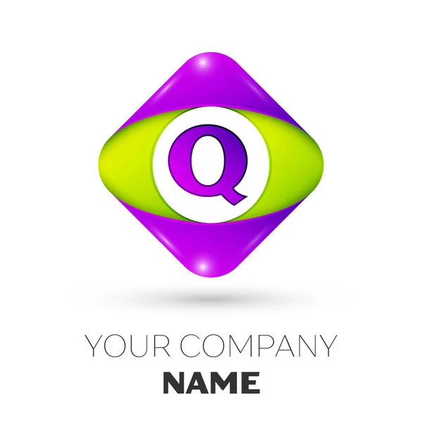 Реалістична літера Q векторний логотип у барвистому ромбі на білому тлі. Векторний шаблон вашого дизайну — стоковий вектор