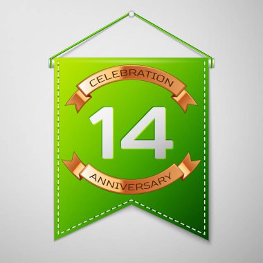Gerçekçi yeşil bayrağı yazıt on dört yıl yıldönümü kutlama tasarım üzerinde gri bir arka plan ile. Altın şerit. Doğum günü partin için renkli şablon öğeleri. Vektör çizim