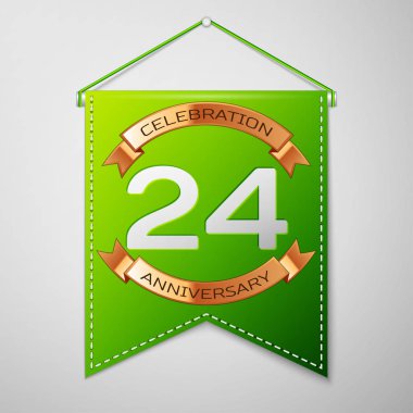Gerçekçi yeşil bayrağı yazıt yirmi dört yıl yıldönümü kutlama tasarım üzerinde gri bir arka plan ile. Altın şerit. Doğum günü partin için renkli şablon öğeleri. Vektör çizim