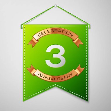 Gerçekçi yeşil bayrağı yazıt üç yıl yıldönümü kutlama tasarım üzerinde gri bir arka plan ile. Altın şerit. Doğum günü partin için renkli şablon öğeleri. Vektör çizim