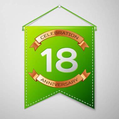 Gerçekçi yeşil bayrağı yazıt on sekiz yıl yıldönümü kutlama tasarım üzerinde gri bir arka plan ile. Altın şerit. Doğum günü partin için renkli şablon öğeleri. Vektör çizim