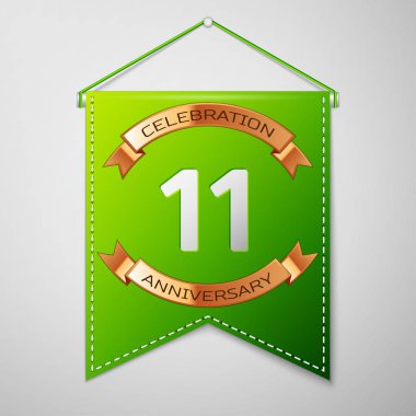 Gerçekçi yeşil bayrağı yazıt onbir yıl yıldönümü kutlama tasarım üzerinde gri bir arka plan ile. Altın şerit. Doğum günü partin için renkli şablon öğeleri. Vektör çizim