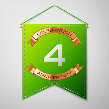 Gerçekçi yeşil bayrağı yazıt dört yıl yıldönümü kutlama tasarım üzerinde gri bir arka plan ile. Altın şerit. Doğum günü partin için renkli şablon öğeleri. Vektör çizim