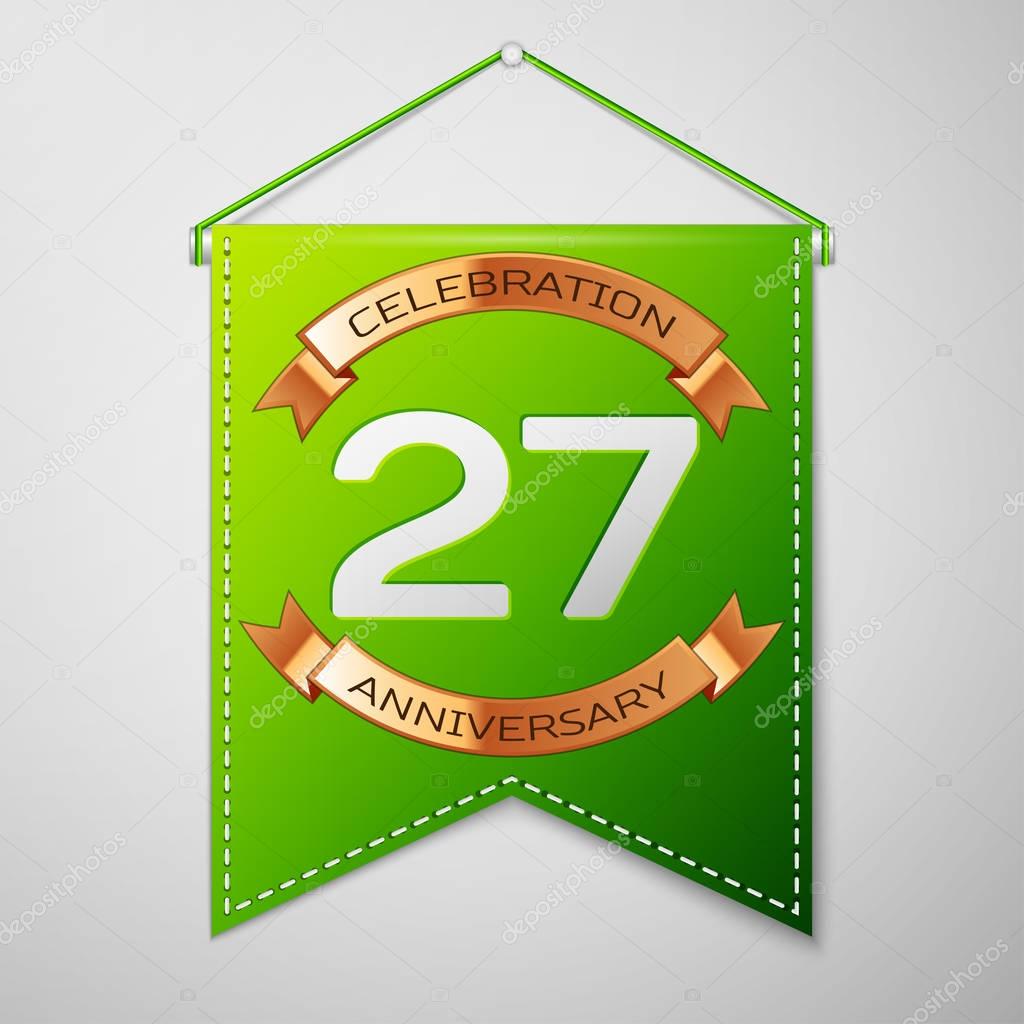 Realistic Green pennant with inscription Twenty seven Years Anniversary Celebration Design on grey background. Golden ribbon. Colorful template elements for your birthday party. Vector illustration