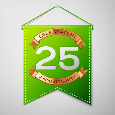 Gerçekçi yeşil bayrağı yazıt yirmi beş yıl yıldönümü kutlama tasarım üzerinde gri bir arka plan ile. Altın şerit. Doğum günü partin için renkli şablon öğeleri. Vektör çizim