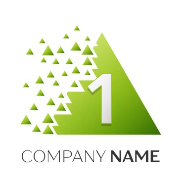 Gerçekçi bir numaralı vektör logo simge ile parçalanmış bloklar beyaz arka plan üzerinde renkli üçgen. Piksel hareket. Tasarımınız için vektör şablonu