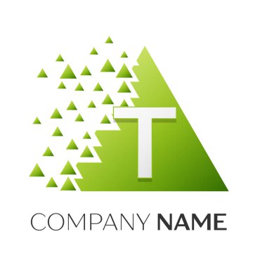 Gerçekçi mektup T vektör logo simge ile parçalanmış bloklar beyaz arka plan üzerinde renkli üçgen. Tasarımınız için vektör şablonu