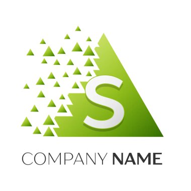 Gerçekçi Harf S vektör logo simge ile parçalanmış bloklar beyaz arka plan üzerinde renkli üçgen. Tasarımınız için vektör şablonu