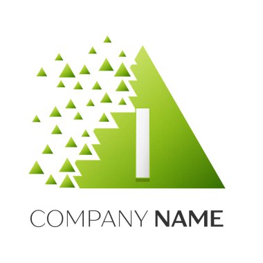 Gerçekçi mektup ile renkli üçgen logo simge vektör bloklar beyaz arka plan üzerinde paramparça. Tasarımınız için vektör şablonu