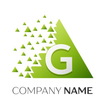 Gerçekçi harf G vektör logo simge ile parçalanmış bloklar beyaz arka plan üzerinde renkli üçgen. Tasarımınız için vektör şablonu