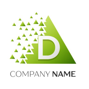 Gerçekçi harf D vektör logo simge ile parçalanmış bloklar beyaz arka plan üzerinde renkli üçgen. Tasarımınız için vektör şablonu