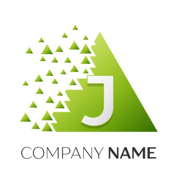 Gerçekçi harf J vektör logo simge ile parçalanmış bloklar beyaz arka plan üzerinde renkli üçgen. Tasarımınız için vektör şablonu