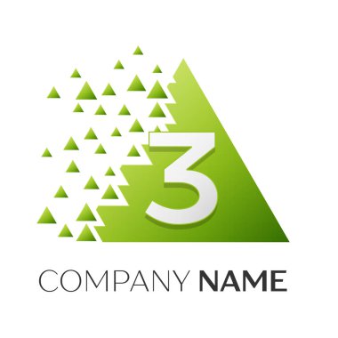 Gerçekçi üç numaralı vektör logo simge ile parçalanmış bloklar beyaz arka plan üzerinde renkli üçgen. Piksel hareket. Tasarımınız için vektör şablonu