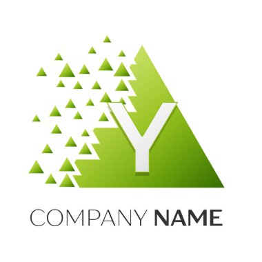 Gerçekçi harf Y vektör logo simge ile parçalanmış bloklar beyaz arka plan üzerinde renkli üçgen. Tasarımınız için vektör şablonu