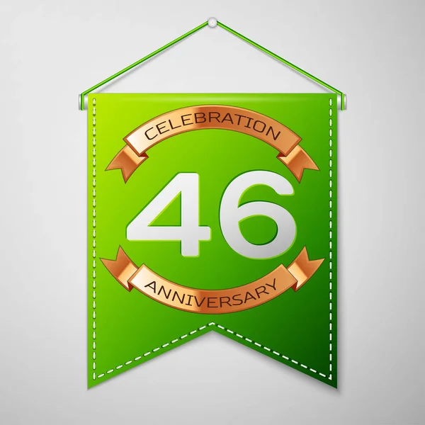 灰色の背景の碑文 40 6 年記念日のお祝いのデザインと現実的な緑のペナント。ゴールデン リボン。あなたの誕生日パーティーのためのカラフルなテンプレート要素。ベクトル図 — ストックベクタ
