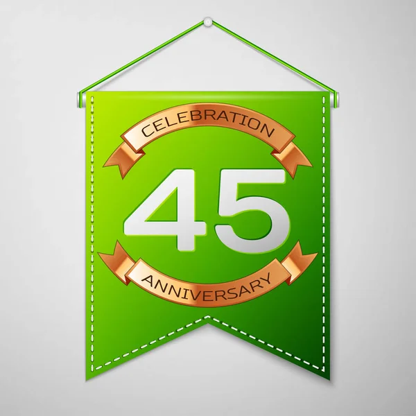 灰色の背景の碑文 40 5 年記念日のお祝いのデザインと現実的な緑のペナント。ゴールデン リボン。あなたの誕生日パーティーのためのカラフルなテンプレート要素。ベクトル図 — ストックベクタ