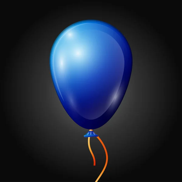 Siyah arka plan üzerine izole kurdele ile gerçekçi mavi balon. Parlak renkli parlak balon vektör çizim — Stok Vektör