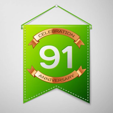 Gri arka plan üzerinde yazıt doksan bir yıl yıldönümü kutlama tasarım ile gerçekçi yeşil bayrağı. Altın şerit. Doğum günü partin için renkli şablon öğeleri. Vektör çizim