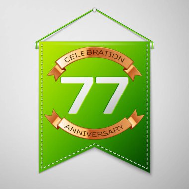 Gri arka plan üzerinde yazıt yetmiş yedi yıl yıldönümü kutlama tasarım ile gerçekçi yeşil bayrağı. Altın şerit. Doğum günü partin için renkli şablon öğeleri. Vektör çizim
