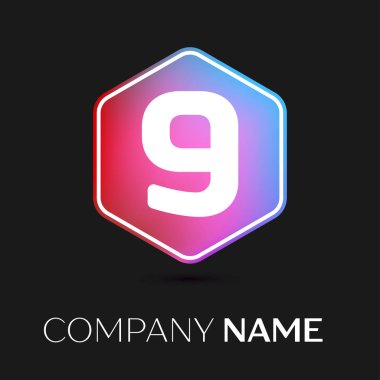Gerçekçi dokuz numaralı vektör logo simge renkli siyah arka plan üzerine altıgen. Tasarımınız için vektör şablonu