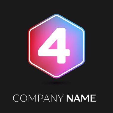 Gerçekçi dört numaralı vektör logo simge renkli siyah arka plan üzerine altıgen. Tasarımınız için vektör şablonu