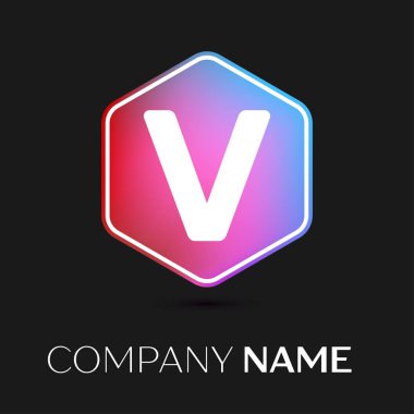 Gerçekçi harf V vektör logo simge renkli siyah arka plan üzerine altıgen. Tasarımınız için vektör şablonu