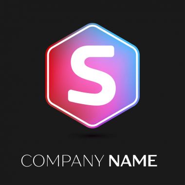 Gerçekçi S harfi vektör logo simge renkli siyah arka plan üzerine altıgen. Tasarımınız için vektör şablonu
