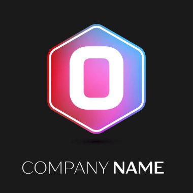 Gerçekçi harf O vektör logo simge renkli siyah arka plan üzerine altıgen. Tasarımınız için vektör şablonu