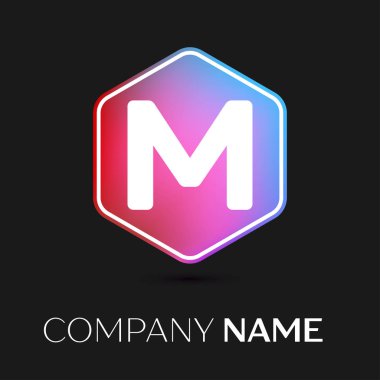 Gerçekçi mektup M vektör logo simge renkli siyah arka plan üzerine altıgen. Tasarımınız için vektör şablonu