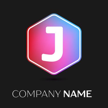 Gerçekçi harf J vektör logo simge renkli siyah arka plan üzerine altıgen. Tasarımınız için vektör şablonu