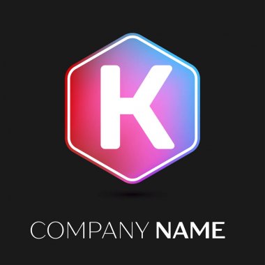 Gerçekçi mektup K vektör logo simge renkli siyah arka plan üzerine altıgen. Tasarımınız için vektör şablonu