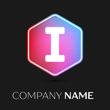 Gerçekçi mektup ' renkli logo sembol siyah arka plan üzerine altıgen vektör. Tasarımınız için vektör şablonu