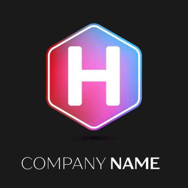 Gerçekçi H harfi vektör logo simge renkli siyah arka plan üzerine altıgen. Tasarımınız için vektör şablonu