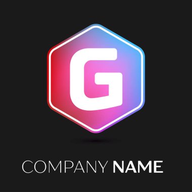Gerçekçi mektup G vektör logo simge renkli siyah arka plan üzerine altıgen. Tasarımınız için vektör şablonu