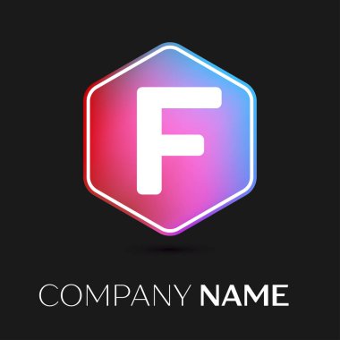 Gerçekçi harfi F vektör logo simge renkli siyah arka plan üzerine altıgen. Tasarımınız için vektör şablonu