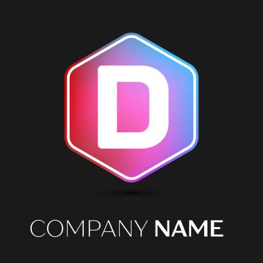 Gerçekçi mektup D vektör logo simge renkli siyah arka plan üzerine altıgen. Tasarımınız için vektör şablonu