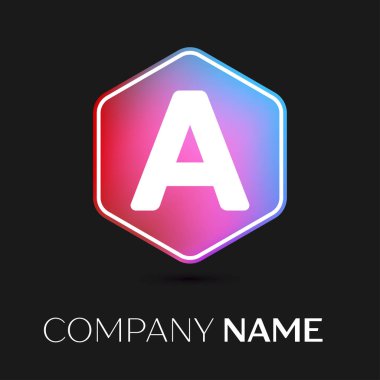 Gerçekçi harf A vektör logo simge renkli siyah arka plan üzerine altıgen. Tasarımınız için vektör şablonu