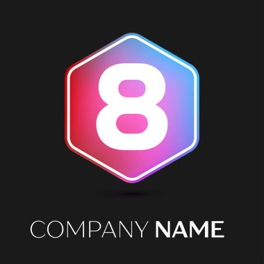 Gerçekçi sekiz vektör logo simge renkli siyah arka plan üzerine altıgen. Tasarımınız için vektör şablonu