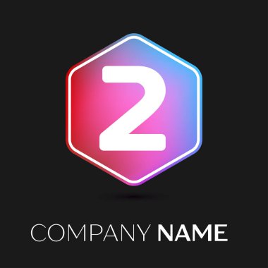 Gerçekçi iki numaralı vektör logo simge renkli siyah arka plan üzerine altıgen. Tasarımınız için vektör şablonu