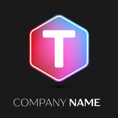 Gerçekçi mektup T vektör logo simge renkli siyah arka plan üzerine altıgen. Tasarımınız için vektör şablonu
