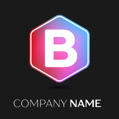 Gerçekçi mektup B vektör logo simge renkli siyah arka plan üzerine altıgen. Tasarımınız için vektör şablonu