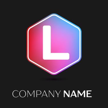 Gerçekçi L harfi vektör logo simge renkli siyah arka plan üzerine altıgen. Tasarımınız için vektör şablonu