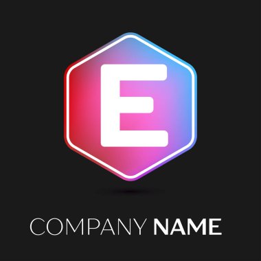 Gerçekçi harf E vektör logo simge renkli siyah arka plan üzerine altıgen. Tasarımınız için vektör şablonu