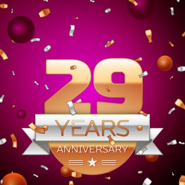 Gerçekçi yirmi dokuz yıl yıldönümü kutlama tasarım. Golden numaraları ve gümüş şerit, mor zemin üzerine konfeti. Doğum günü partin için renkli vektör şablon öğeleri