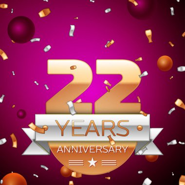 Gerçekçi yirmi iki yıl yıldönümü kutlama tasarım. Golden numaraları ve gümüş şerit, mor zemin üzerine konfeti. Doğum günü partin için renkli vektör şablon öğeleri