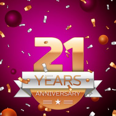Gerçekçi yirmi bir yıl yıldönümü kutlama tasarım. Golden numaraları ve gümüş şerit, mor zemin üzerine konfeti. Doğum günü partin için renkli vektör şablon öğeleri