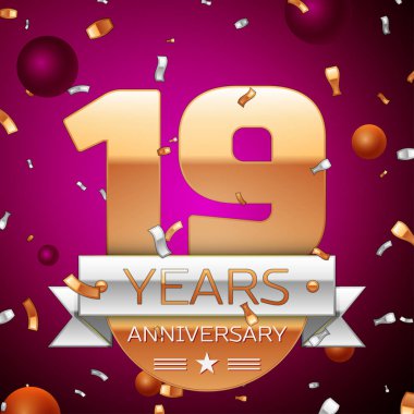 Gerçekçi on dokuz yıl yıldönümü kutlama tasarım. Golden numaraları ve gümüş şerit, mor zemin üzerine konfeti. Doğum günü partin için renkli vektör şablon öğeleri