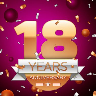 Gerçekçi on sekiz yıl yıldönümü kutlama tasarım. Golden numaraları ve gümüş şerit, mor zemin üzerine konfeti. Doğum günü partin için renkli vektör şablon öğeleri