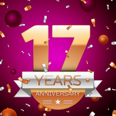 Gerçekçi on yedi yıl yıldönümü kutlama tasarım. Golden numaraları ve gümüş şerit, mor zemin üzerine konfeti. Doğum günü partin için renkli vektör şablon öğeleri
