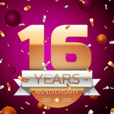 Gerçekçi on altı yıl yıldönümü kutlama tasarım. Golden numaraları ve gümüş şerit, mor zemin üzerine konfeti. Doğum günü partin için renkli vektör şablon öğeleri